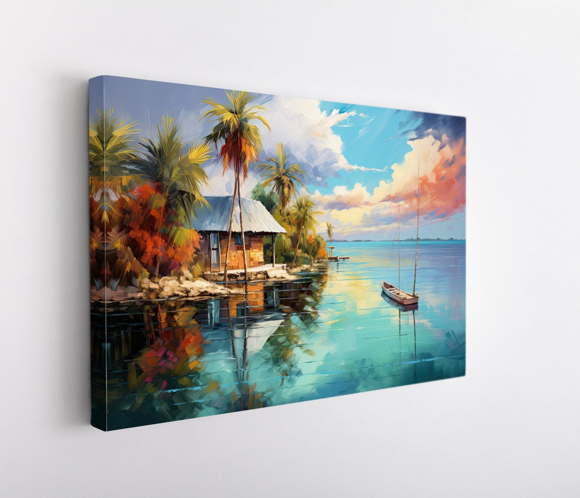 Tranquil Tropical Lagoon Palm Hut and Boat at Sunset Art Poster - Image 4