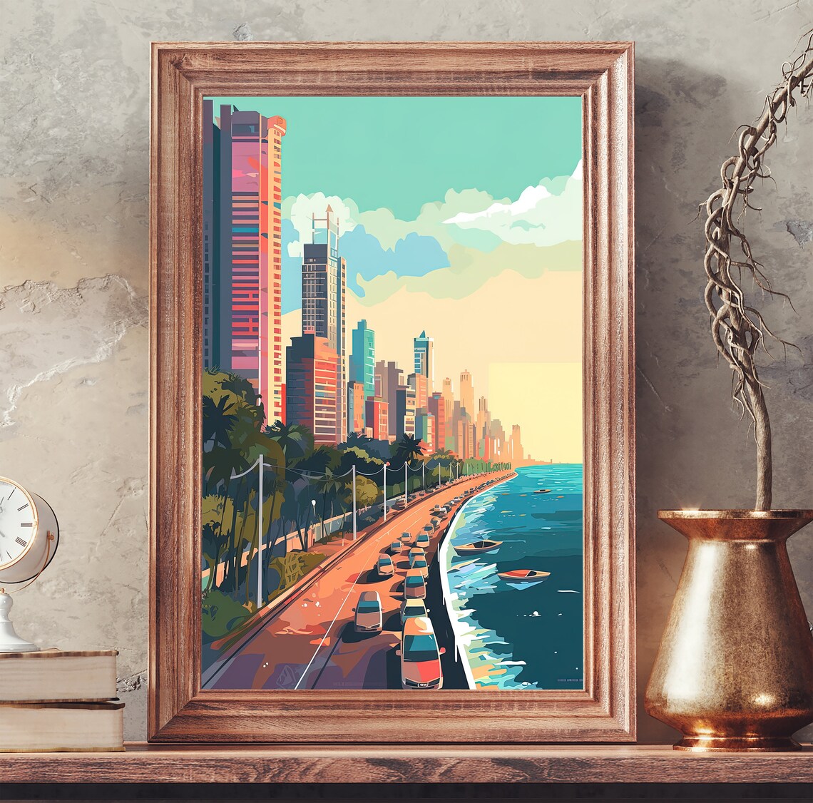 Mumbai Marine Drive Skyline Curved Bay Road Retro City Art Poster - Image 2
