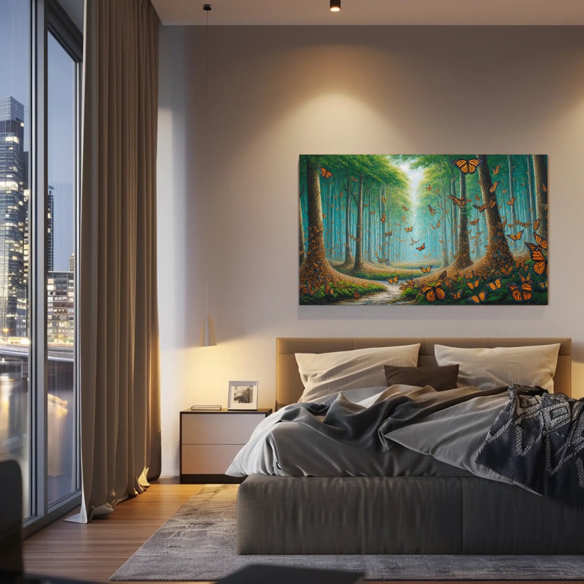 Monarch Butterflies Filling a Sunlit Green Forest Sanctuary Poster - Image 3