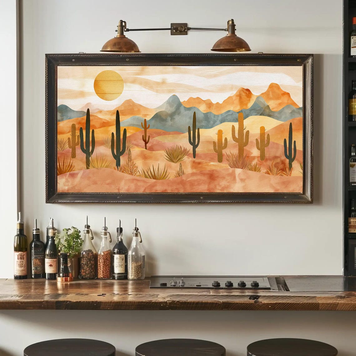 Boho Desert Landscape With Saguaro Cacti at Warm Sunset Poster - Image 3