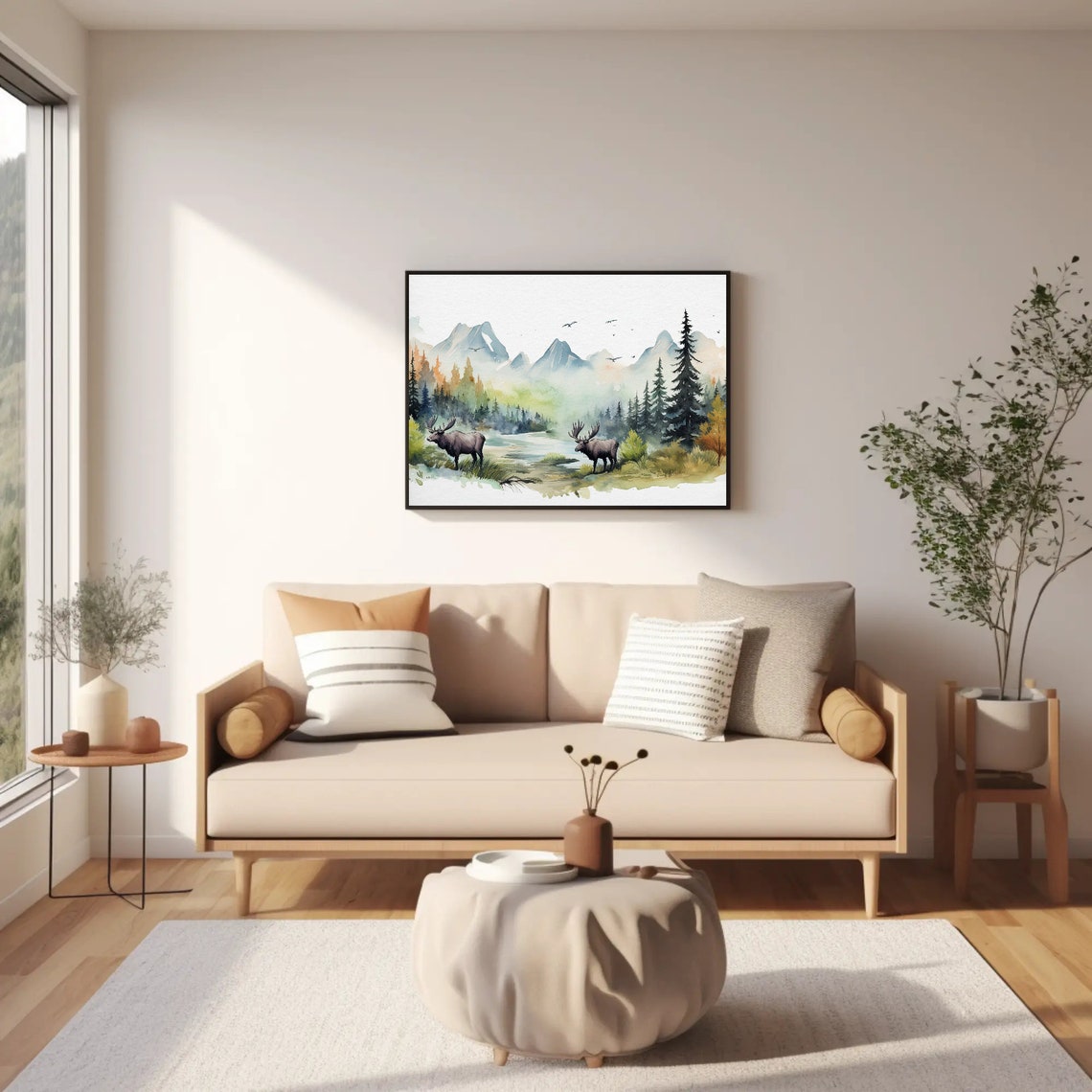 Two Moose in a Misty Mountain Forest Watercolour Landscape Poster - Image 2