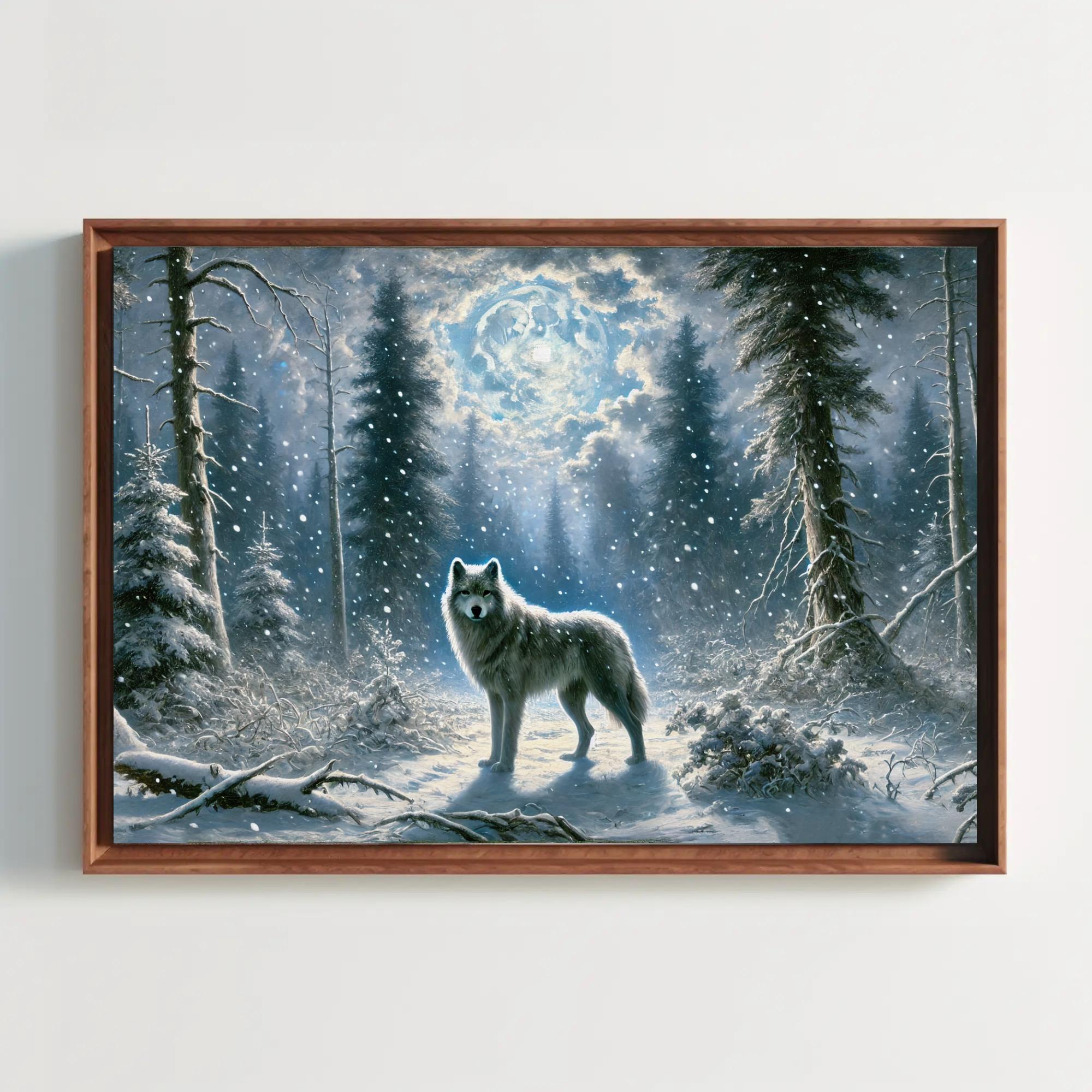 Noble Wolf In A Snowy Moonlit Forest Under A Full Moon Poster