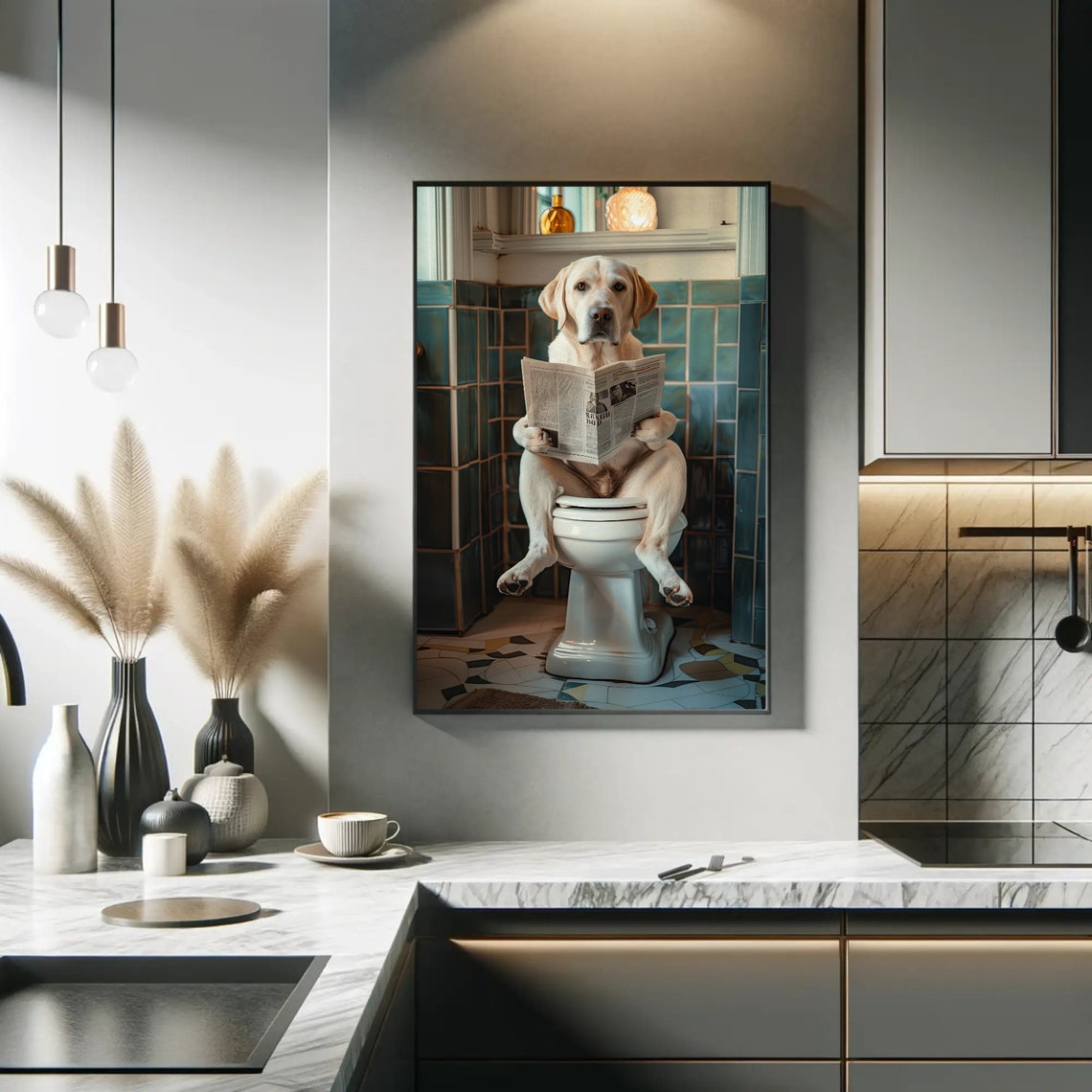 Labrador Retriever Reading Newspaper on Toilet Funny Bathroom Poster - Image 4