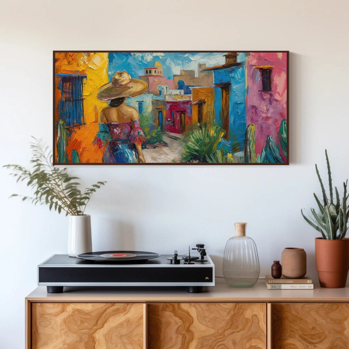 Mexican Woman Sombrero Colorful Village Street Oil Painting Poster - Image 3