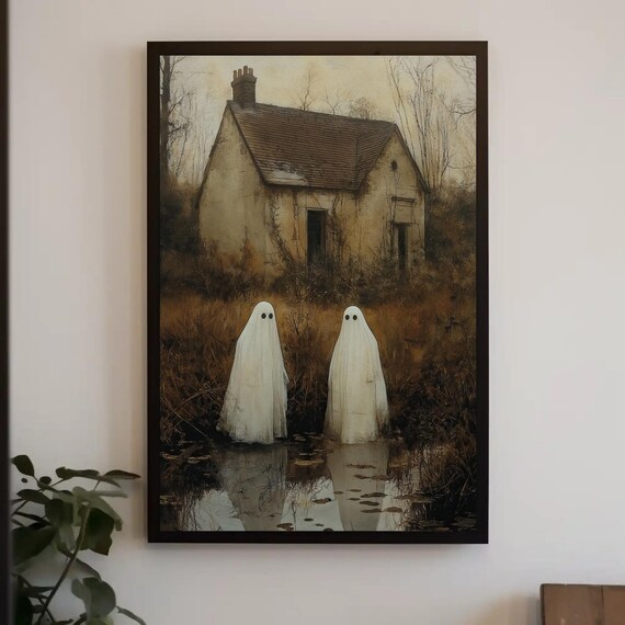Two Ghosts Abandoned Cottage Pond Reflection Halloween Poster