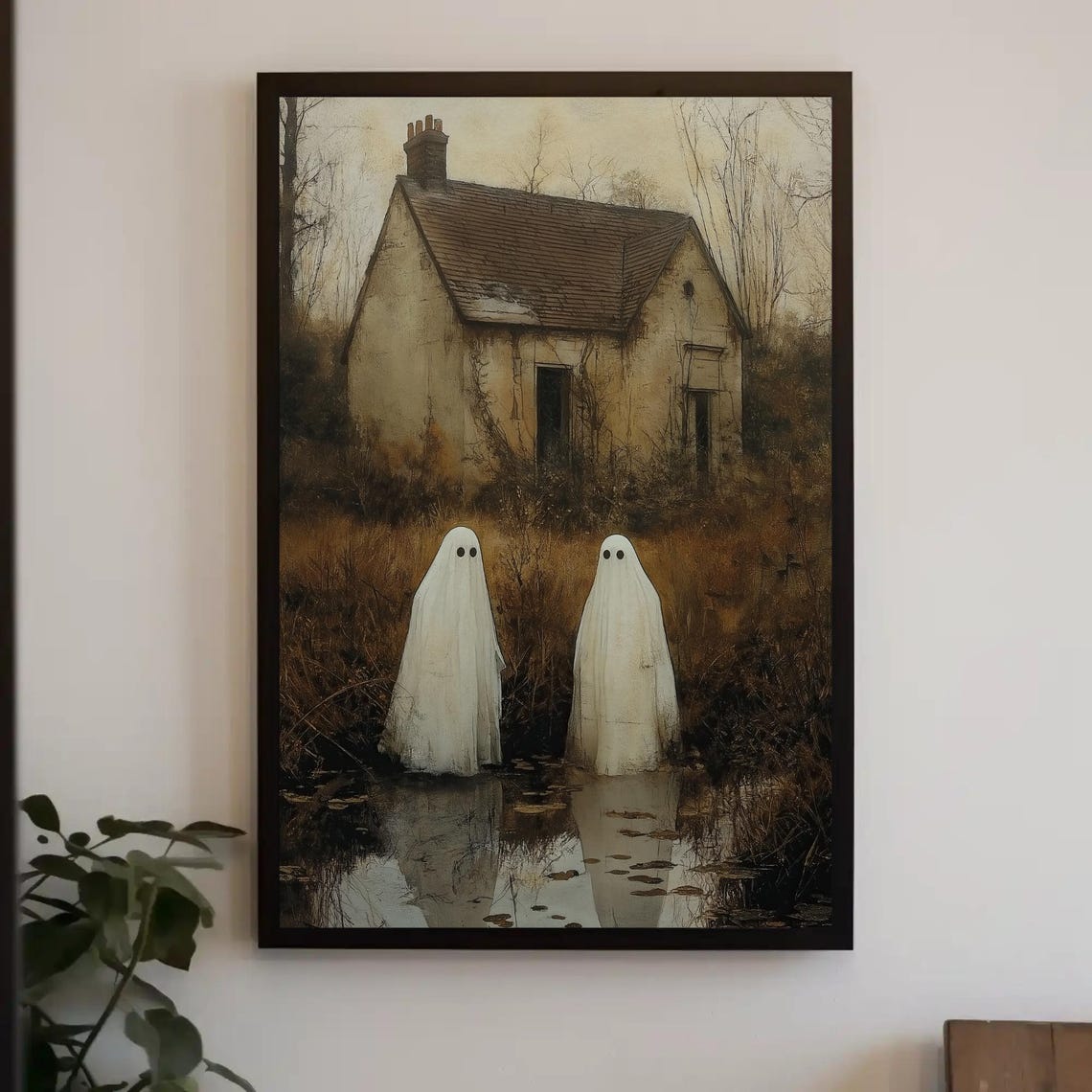 Two Ghosts Abandoned Cottage Pond Reflection Halloween Poster