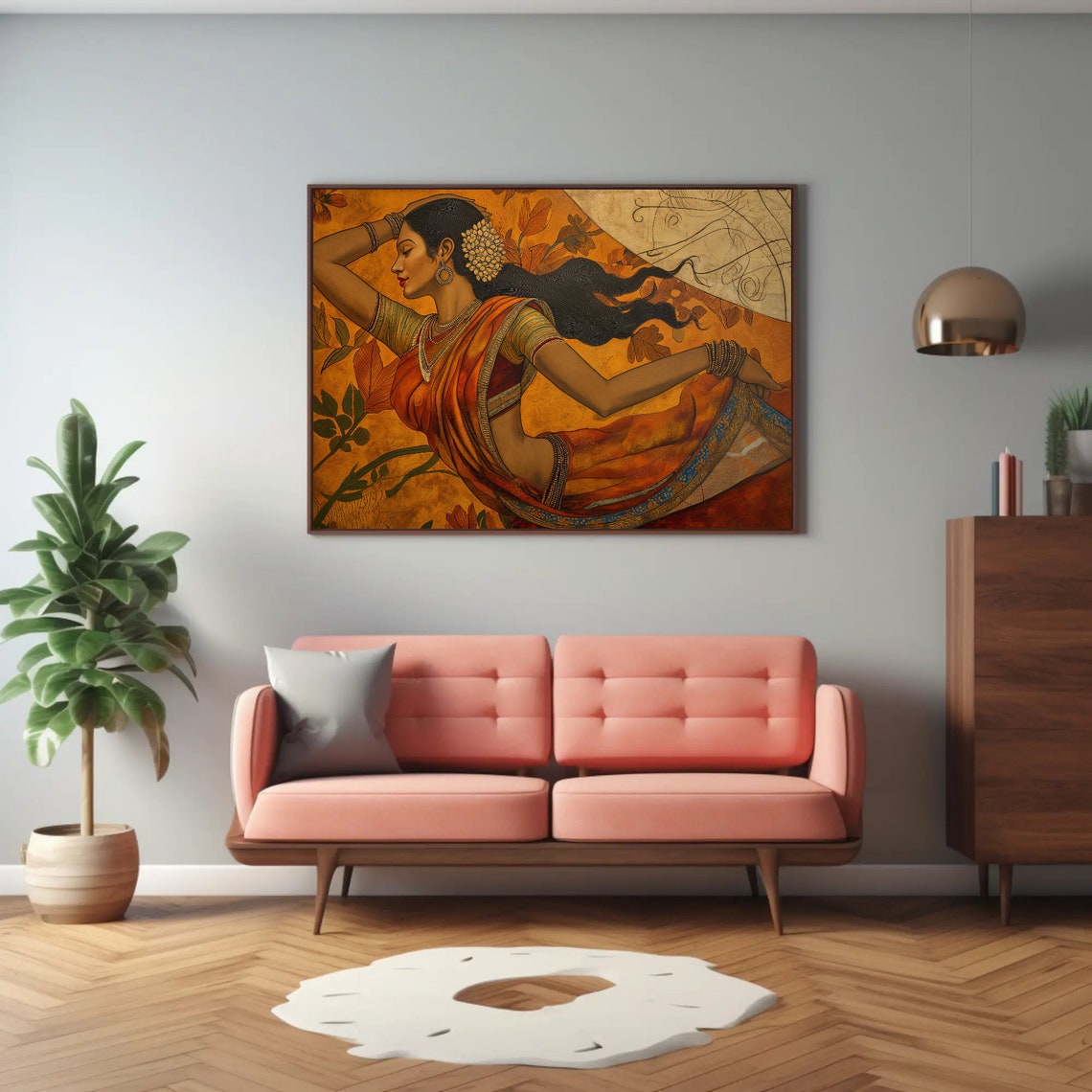Indian Woman in Orange Saree Dancing Golden Traditional Art Poster - Image 2