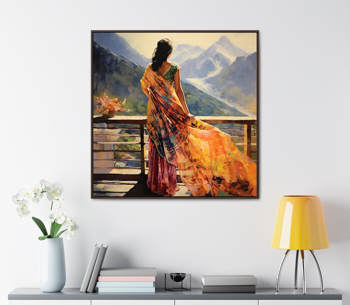 Indian Woman Hill Station Scenery Art Print, Oil Painting - Image 4