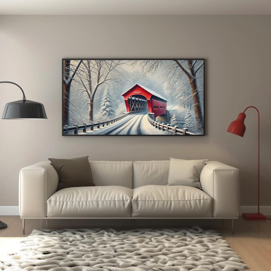 Red Covered Bridge In A Snowy Winter Wonderland Landscape Poster - Image 5