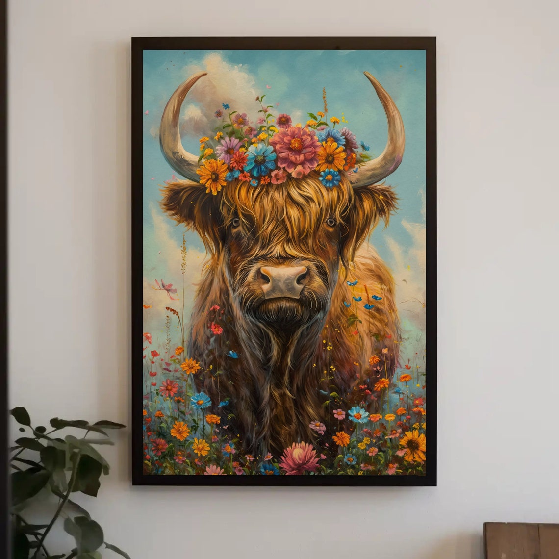 Highland Cow Print Cottage Wall Decor Scottish Print Scottish Cow Wall Art Scotland Painting Wildflowers Cow Painting Ready To Hang - Image 5