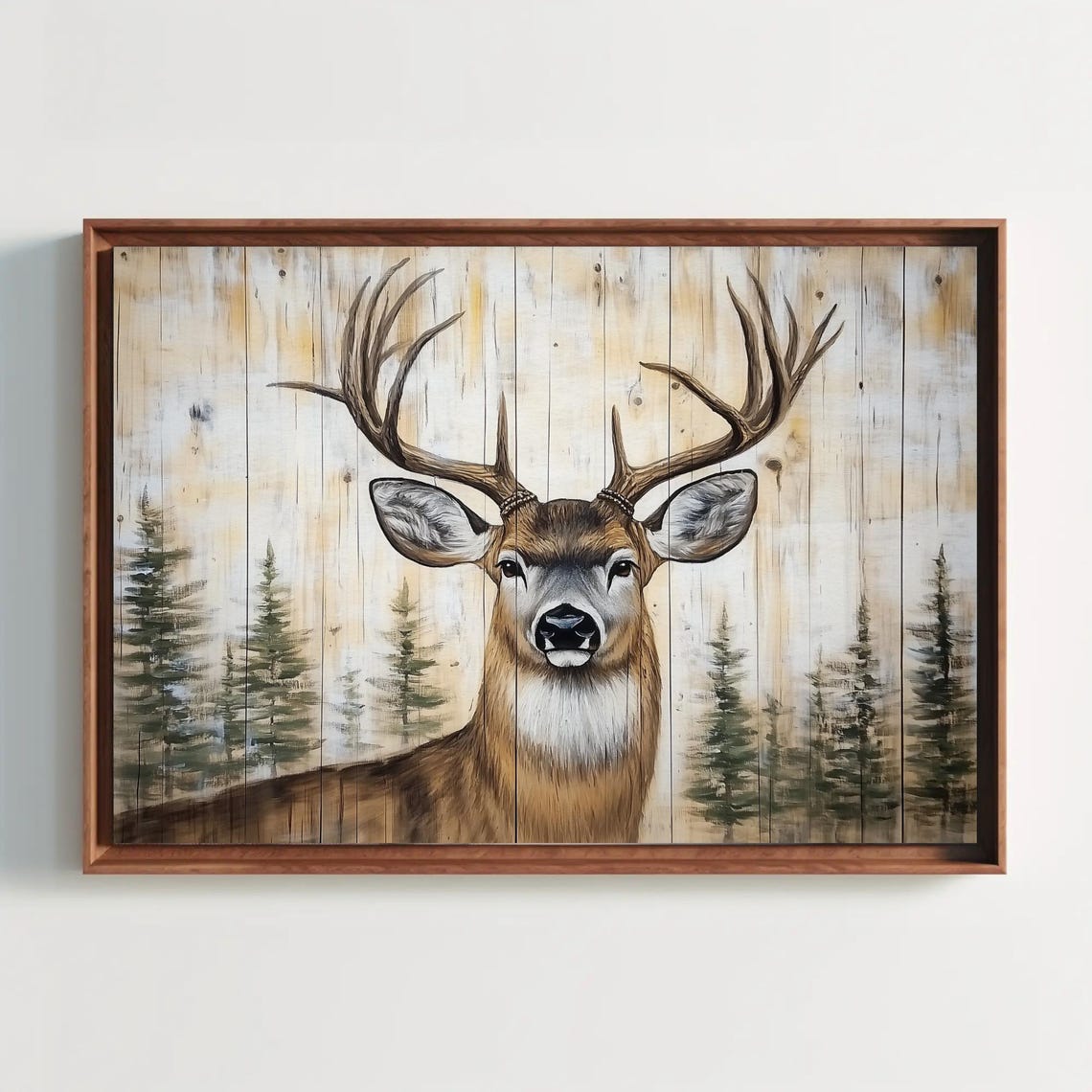 Majestic Rustic Stag Head on Whitewashed Wood with Pine Trees Poster