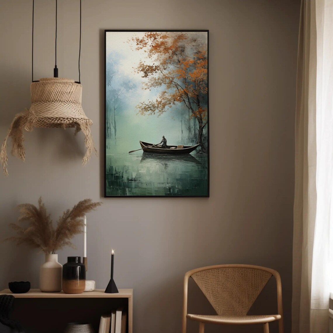 Lone Fisherman Rowing On Misty Autumn Lake Painting Art Poster - Image 5