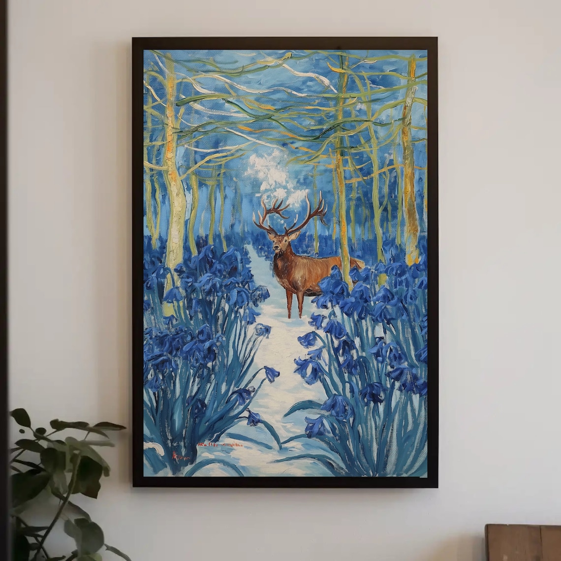 Stag Deer In Blue Snowy Forest Winter Woodland Oil Painting Poster