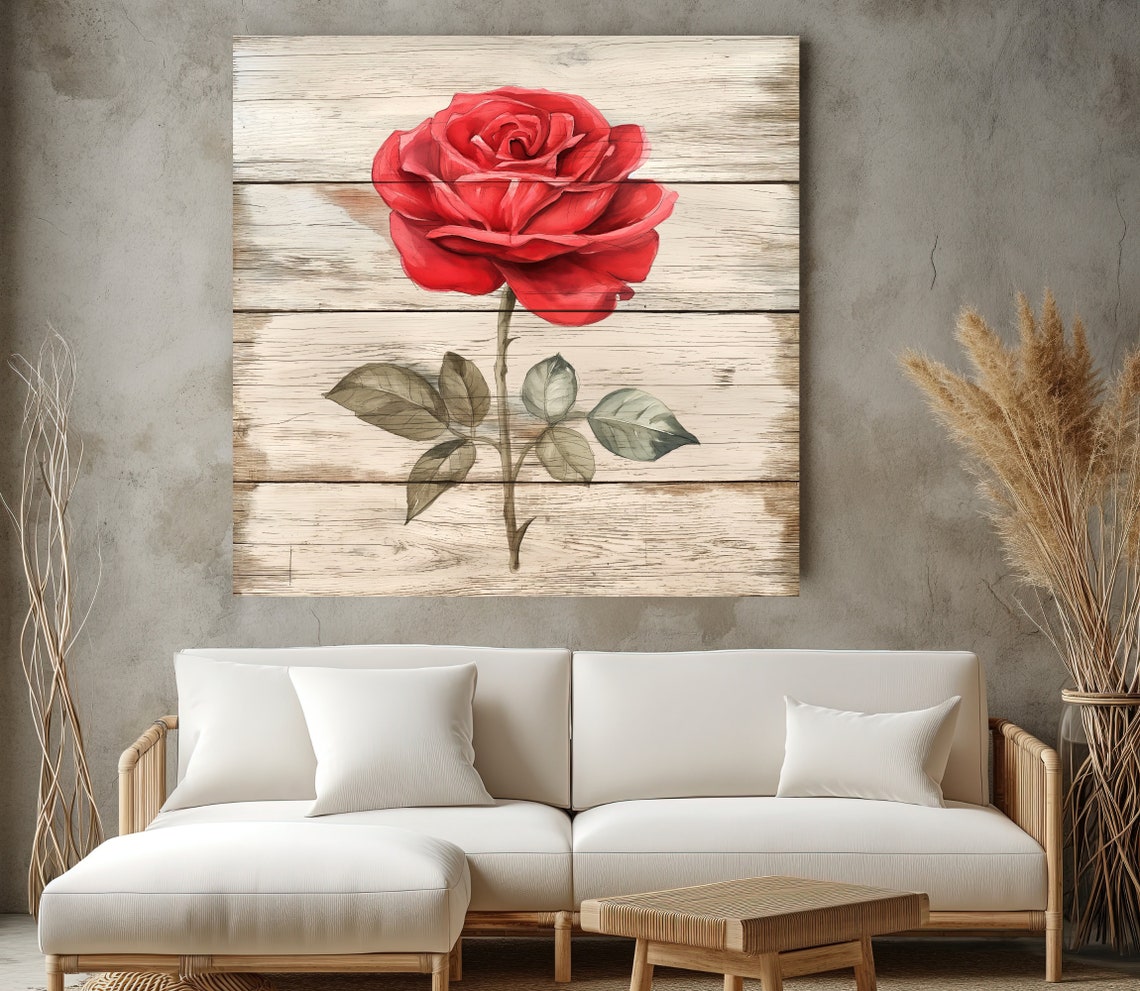 Single Red Rose Bloom On Whitewashed Wood Botanical Wall Print