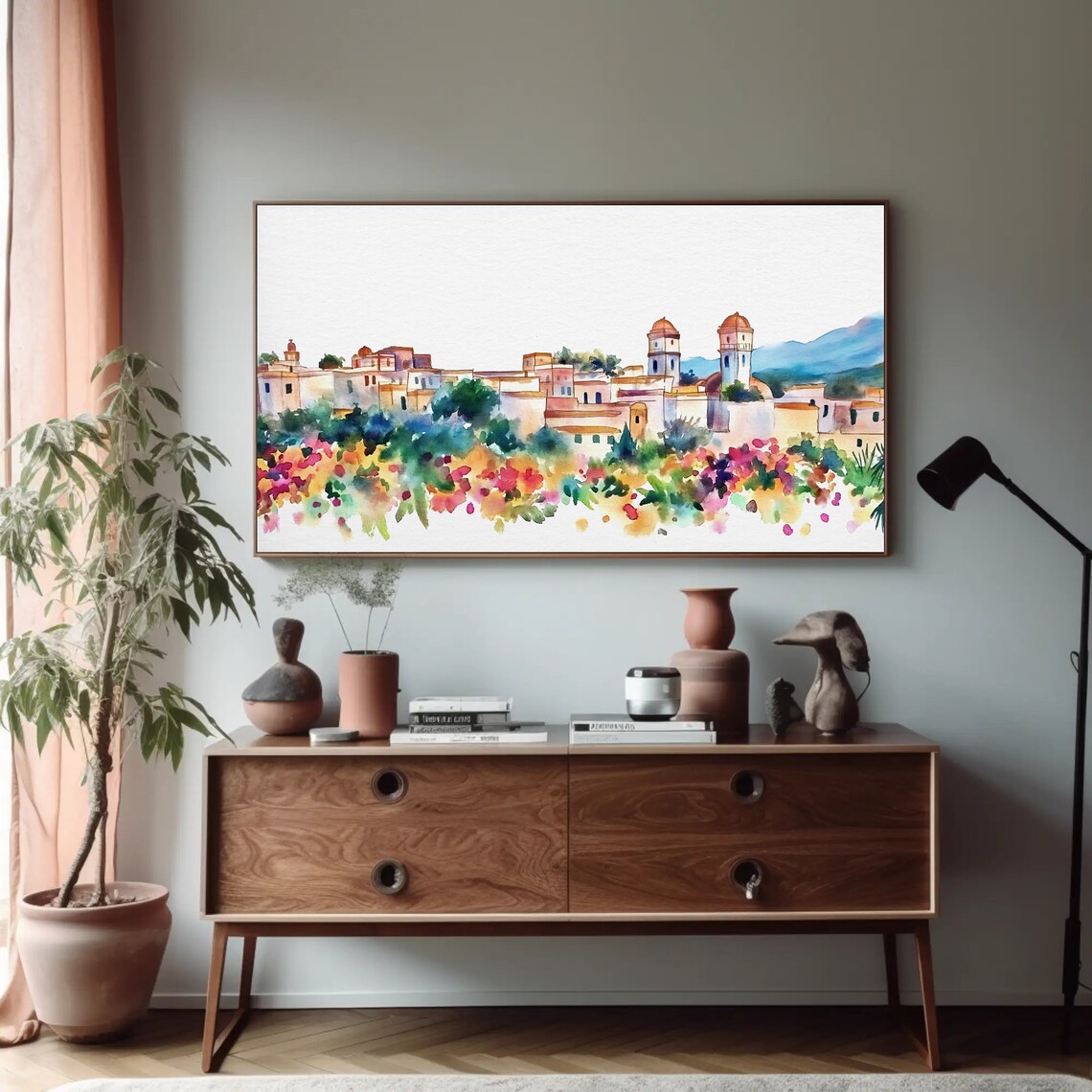 Mexican Town Church Towers with Flower Garden Scene Watercolor Poster - Image 4