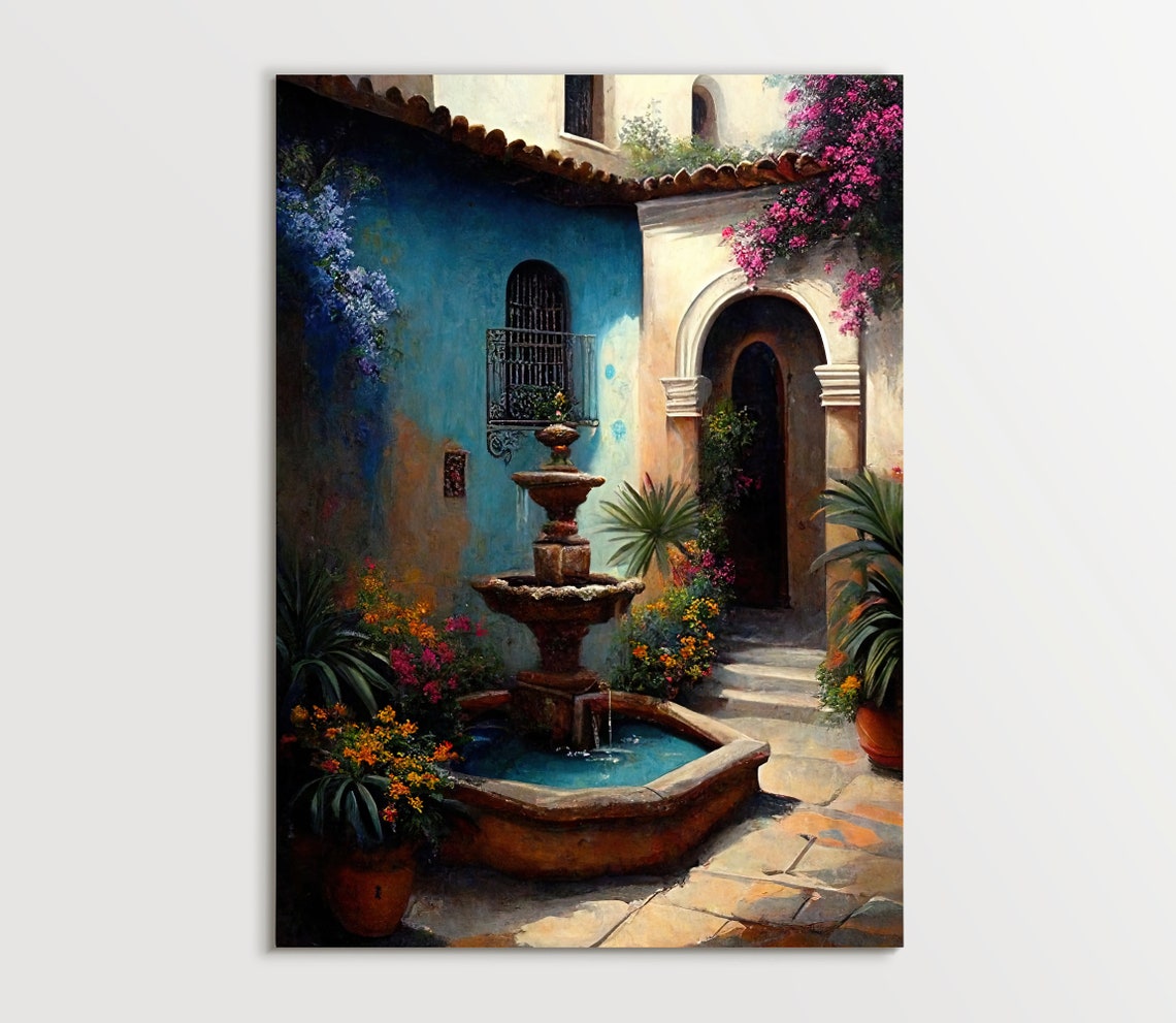Mexican Courtyard With Stone Fountain and Bougainvillea Poster - Image 5