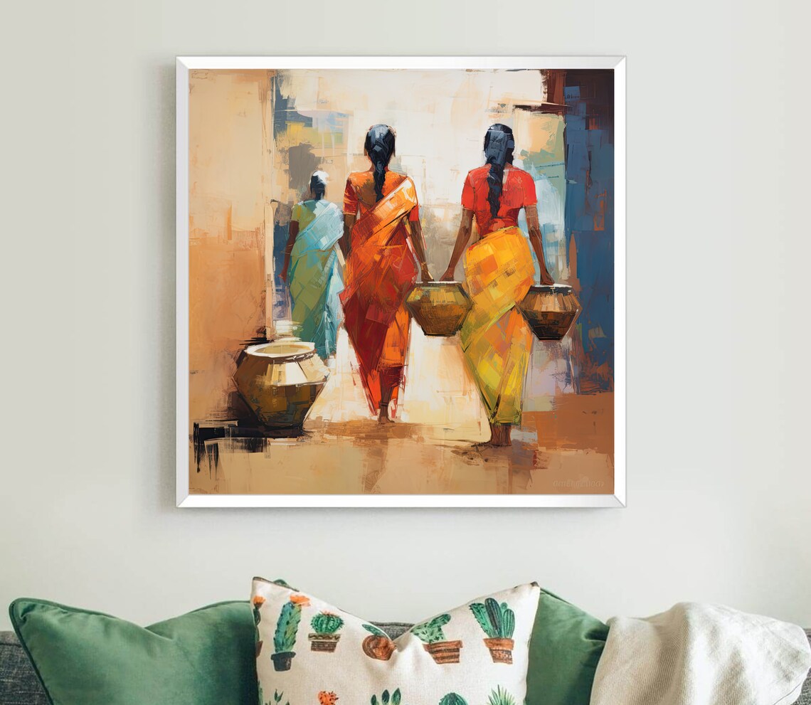 Three Indian Women Carrying Water Pots Street Scene Painting Poster - Image 5