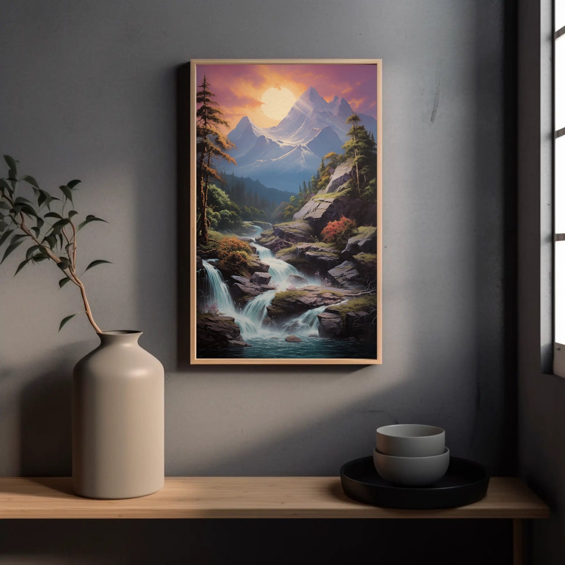 Alpine Mountain Waterfall Cascading Beneath a Sunset Peak Poster - Image 5