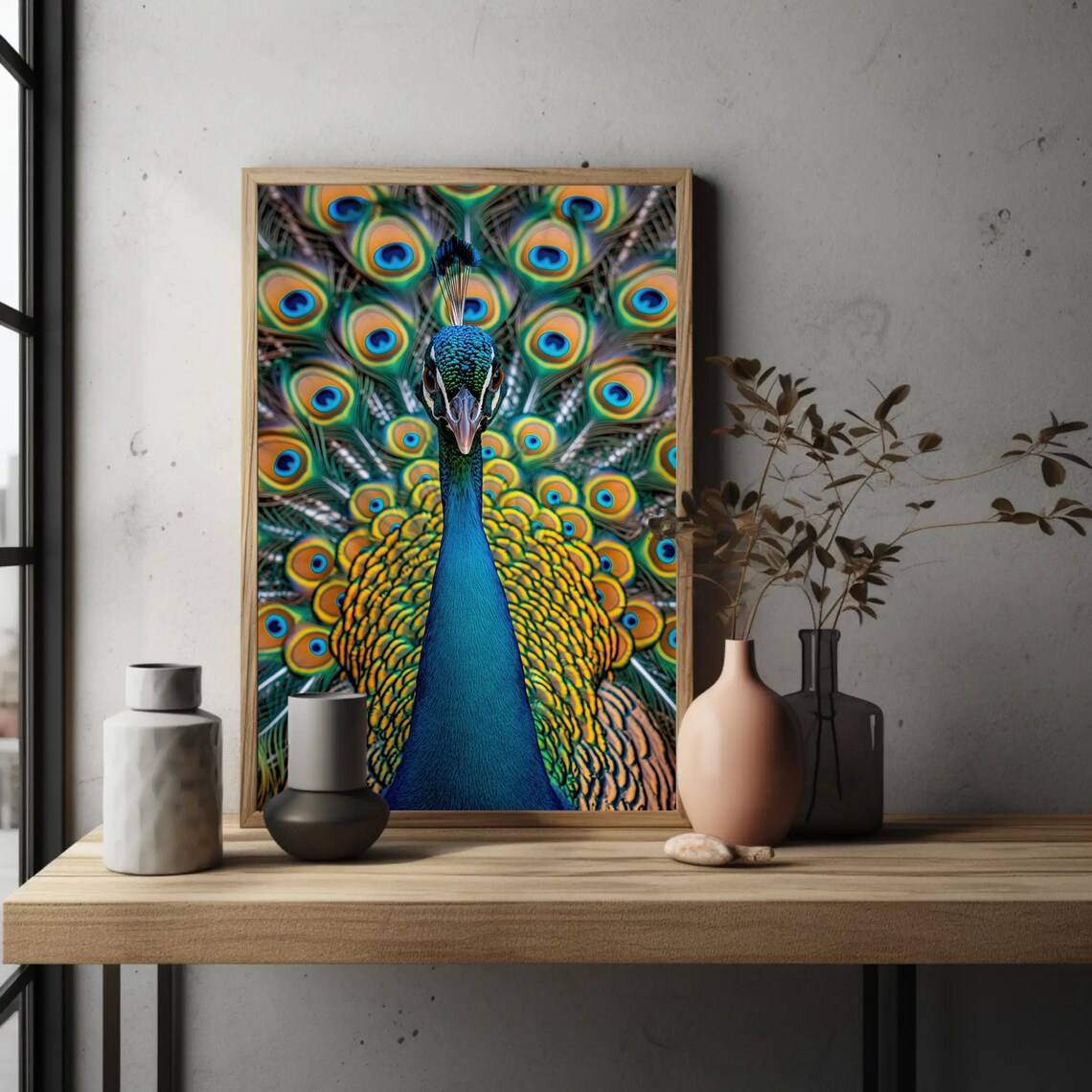 Peacock Fanned Feathers Front Portrait Vivid Wildlife Poster - Image 2