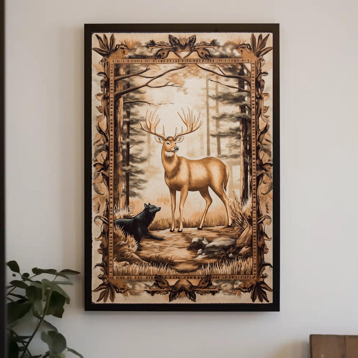 Sepia Stag And Black Wolf In Forest Vintage Engraving Poster