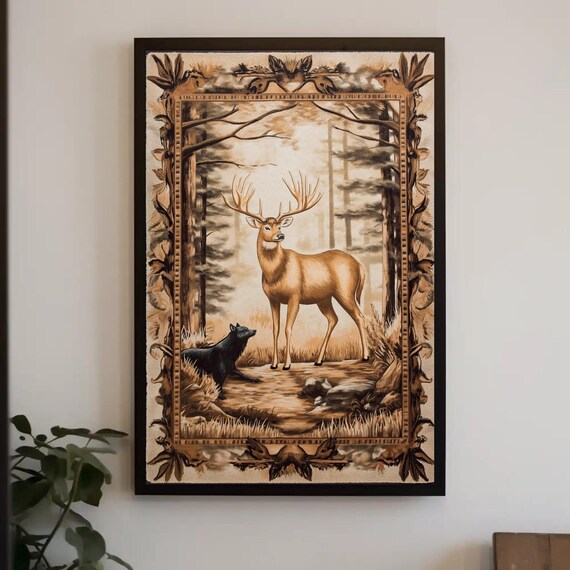Sepia Stag And Black Wolf In Forest Vintage Engraving Poster