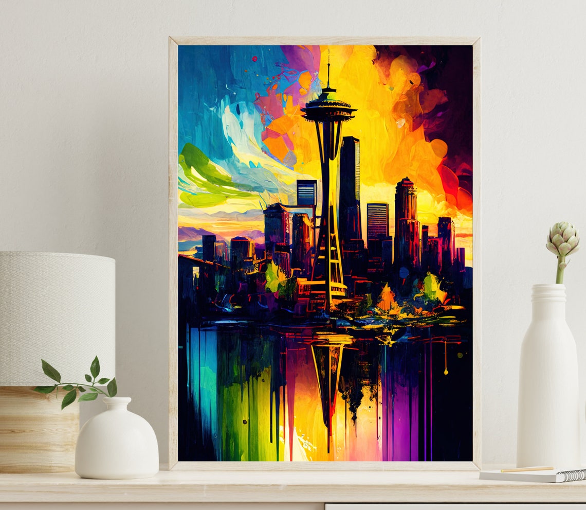 Seattle Space Needle Night Skyline Colorful Reflection Art Poster