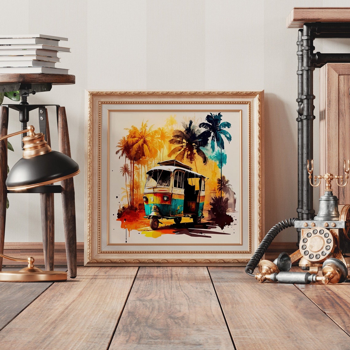 Vibrant Indian Auto Rickshaw Watercolor Art Print With Palm Trees - Image 5