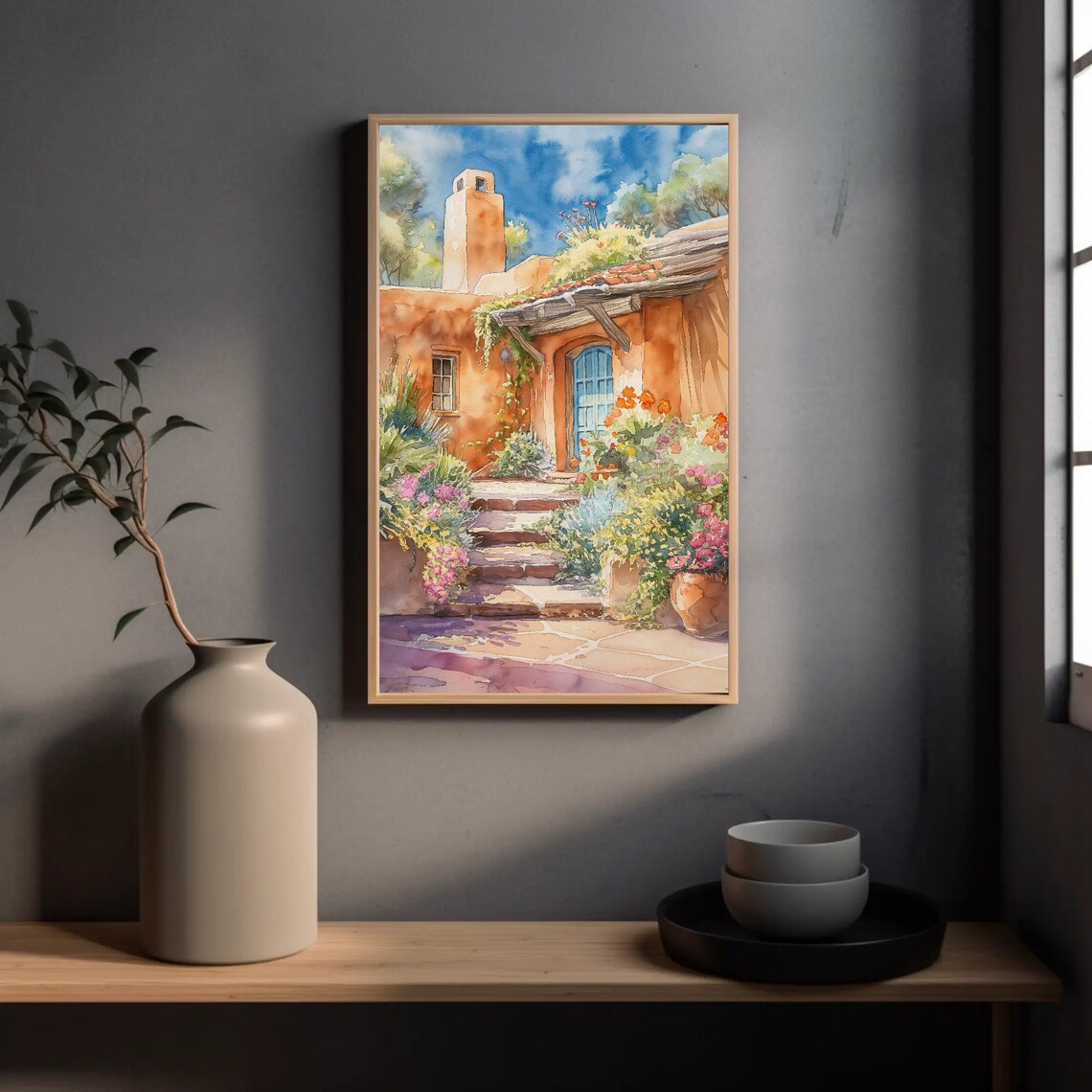 Santa Fe Adobe House With Blue Door Watercolor Painting Poster - Image 5