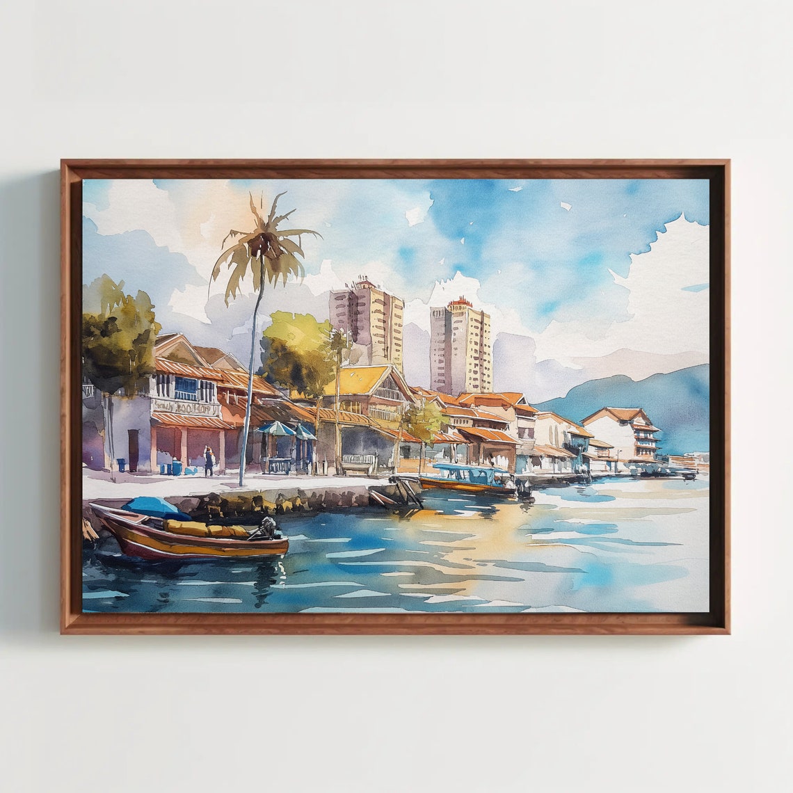 Penang Island Malaysia Waterfront Watercolor Travel Scenic Poster