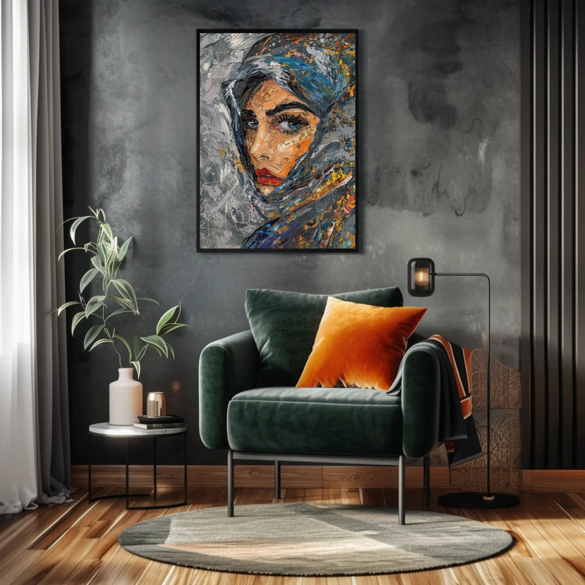 Blue-Eyed Woman in Veil Impasto Portrait Poster Red Lips Art - Image 4