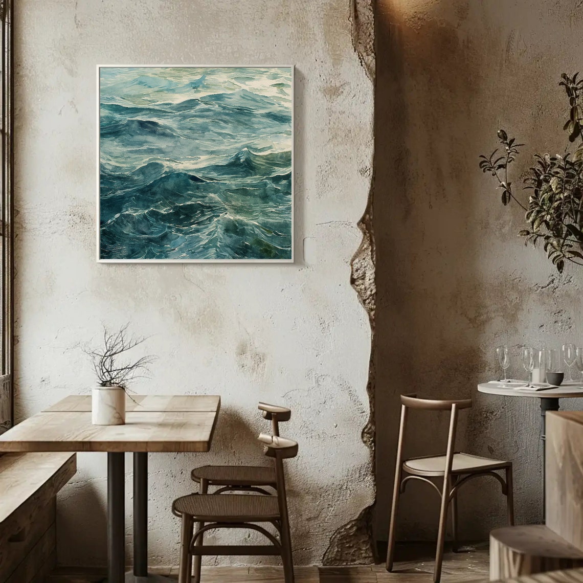 Teal Ocean Waves Watercolor Painting Coastal Grey Green Sea Poster - Image 4