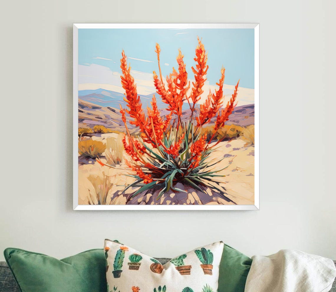 Red Ocotillo Blooms in Desert Valley With Mountain View Art Poster - Image 5
