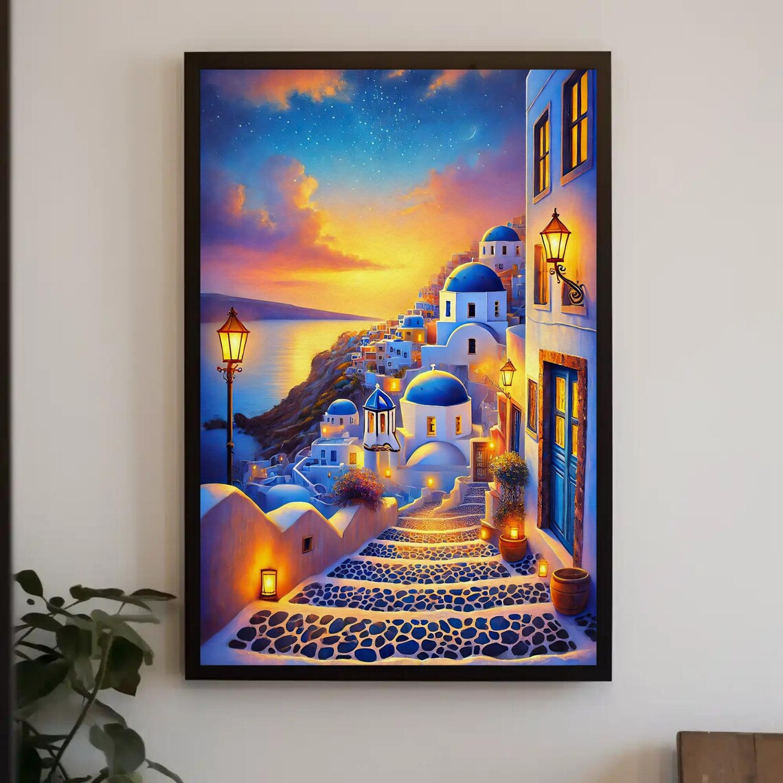 Santorini Evening Starry Sky Painting, Greek Coastal Art Print
