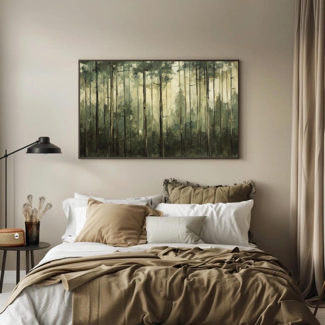 Forest Of Tall Trees Oil Painting Green And Beige Framed Print Scenic Poster Art Nature Art Ready To Hang Living Room Or Office - Image 3