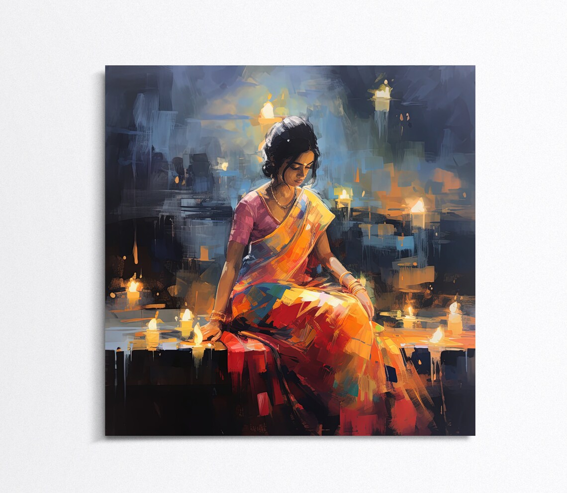 Indian Woman Beside Glowing Candles Abstract Oil Painting Decor Poster - Image 4