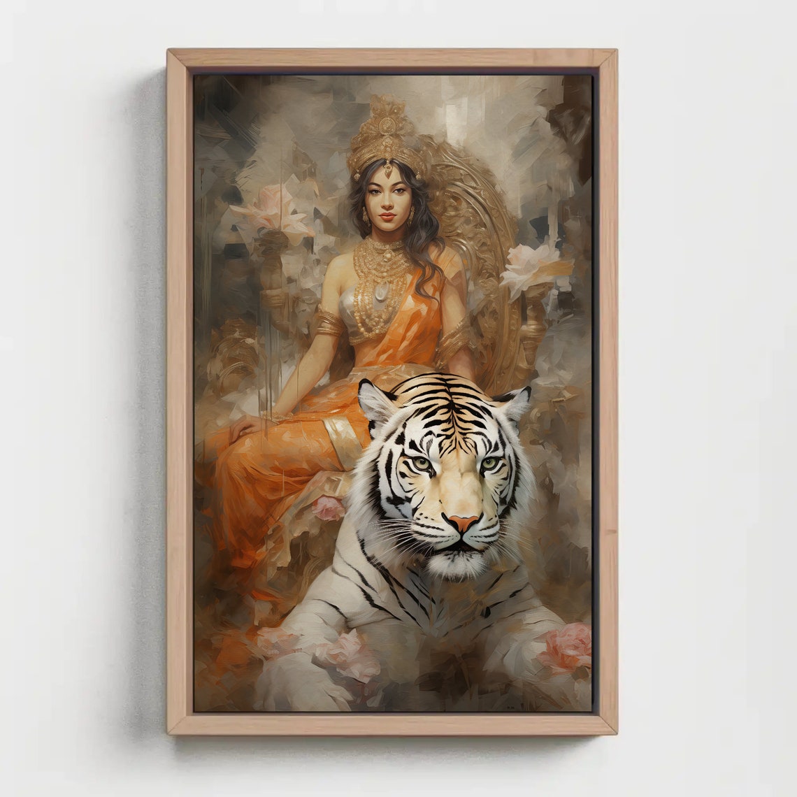 Hindu Goddess Durga White Tiger Orange Saree Deity Painting Poster