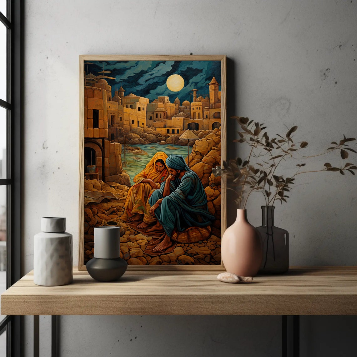 Indian Couple Sitting Under Moonlight in Ancient Desert City Poster - Image 4