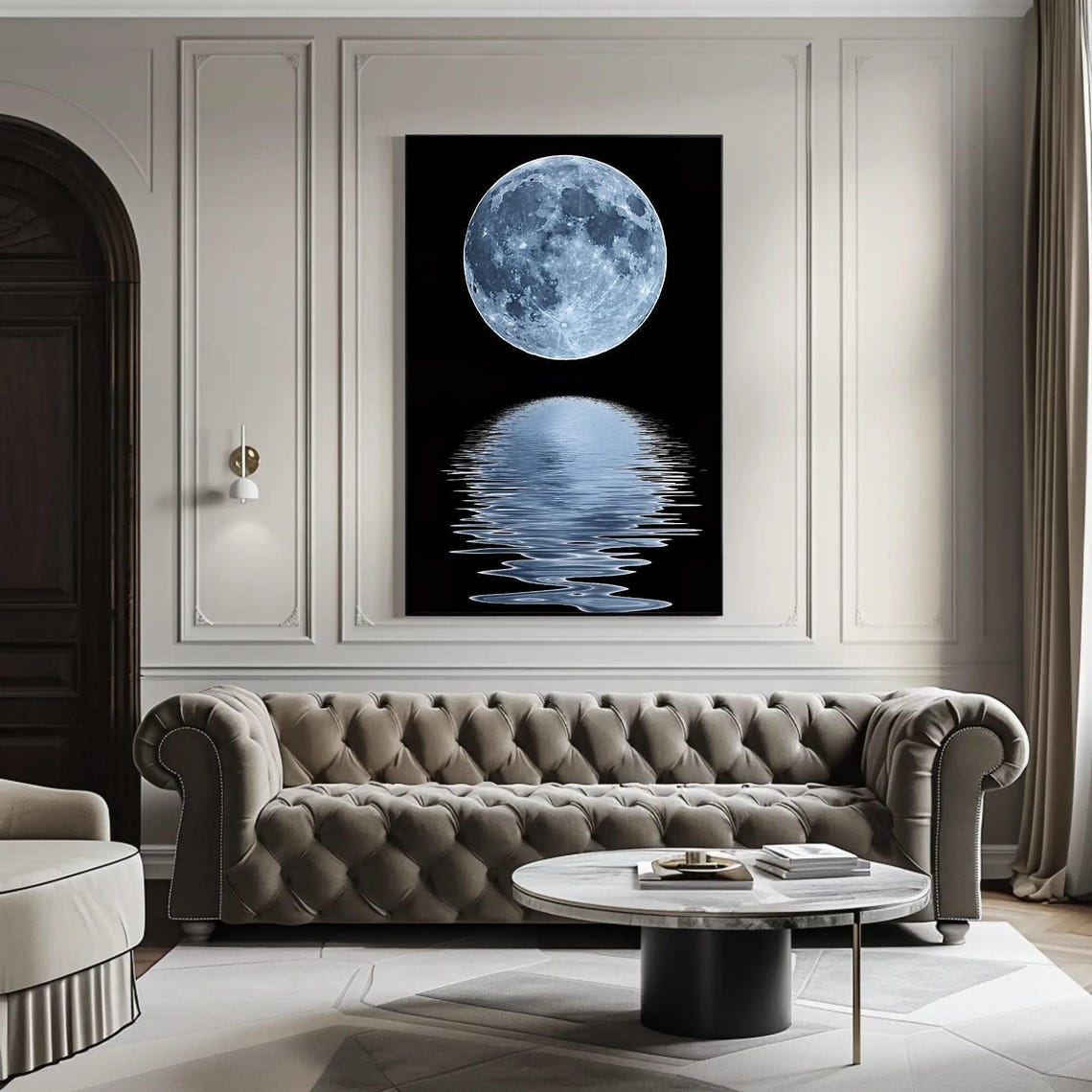 Full Moon Over Black Ocean Water Reflection Minimalist Night Poster - Image 2