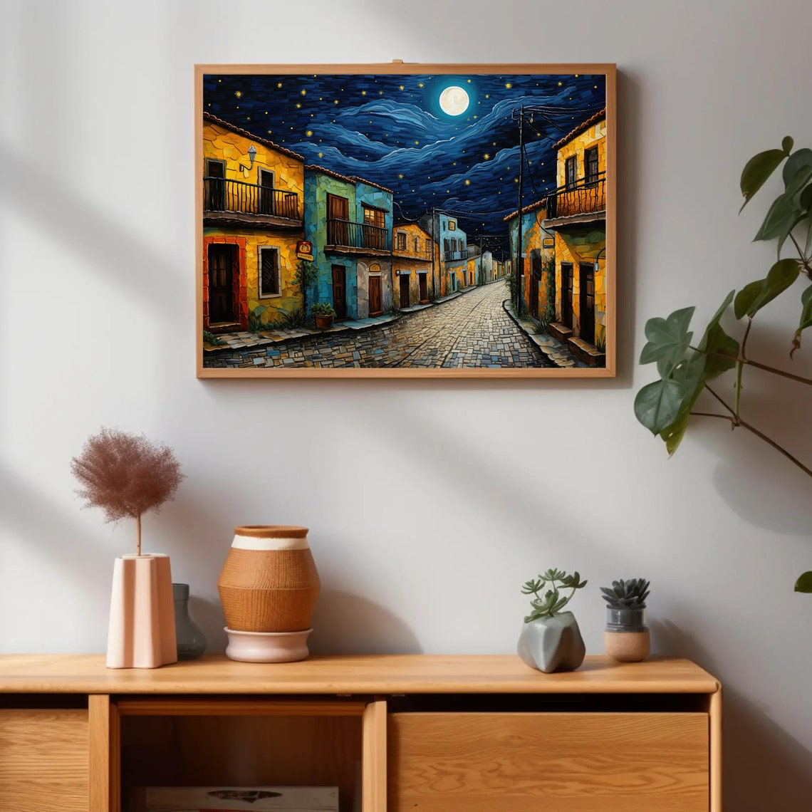 Mexican Street Under Moonlight with Swirling Starry Sky Poster - Image 4