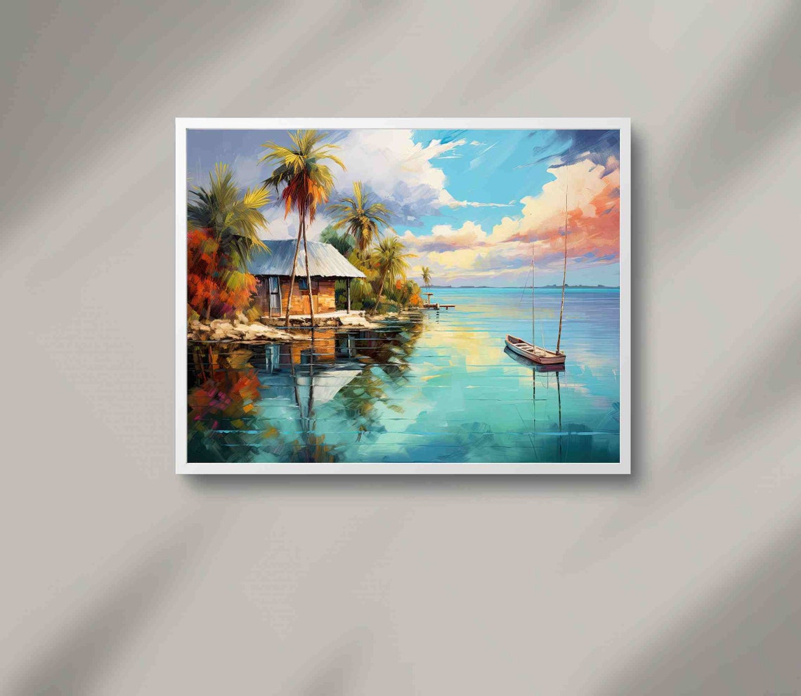 Tranquil Tropical Lagoon Palm Hut and Boat at Sunset Art Poster - Image 2