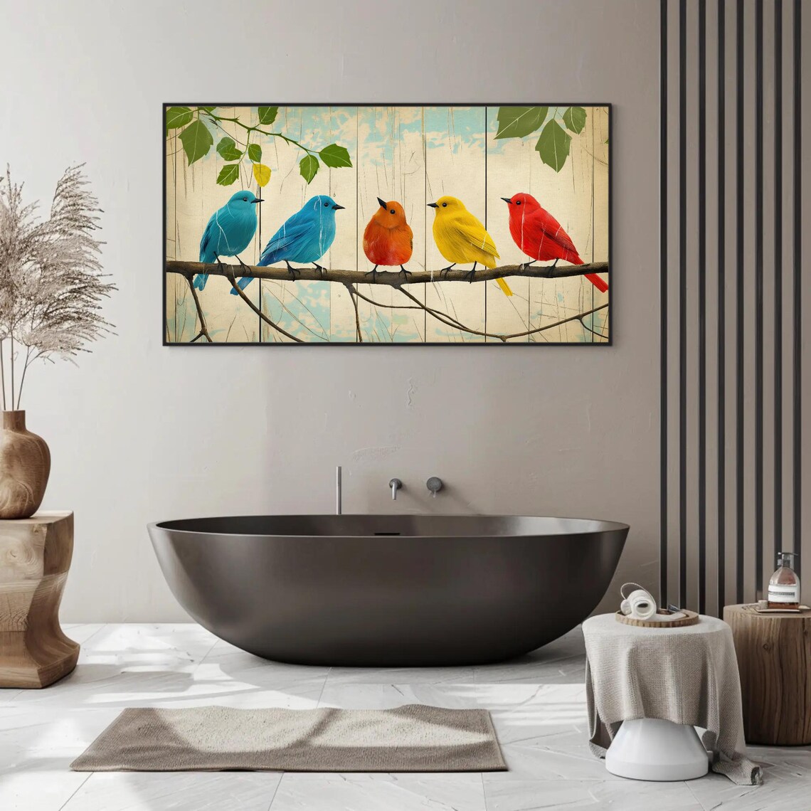 Five Colorful Birds On Branch Rustic Wood Background Art Poster - Image 2