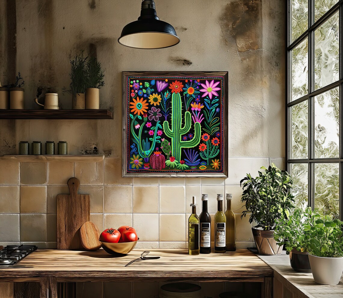 Desert Cactus and Wildflowers Huichol Yarn Art Poster Black Background - Image 4