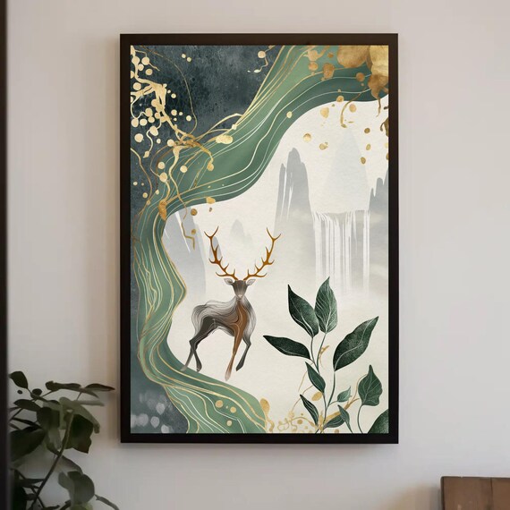 Majestic Stag By Waterfall Green And Gold Asian Style Poster