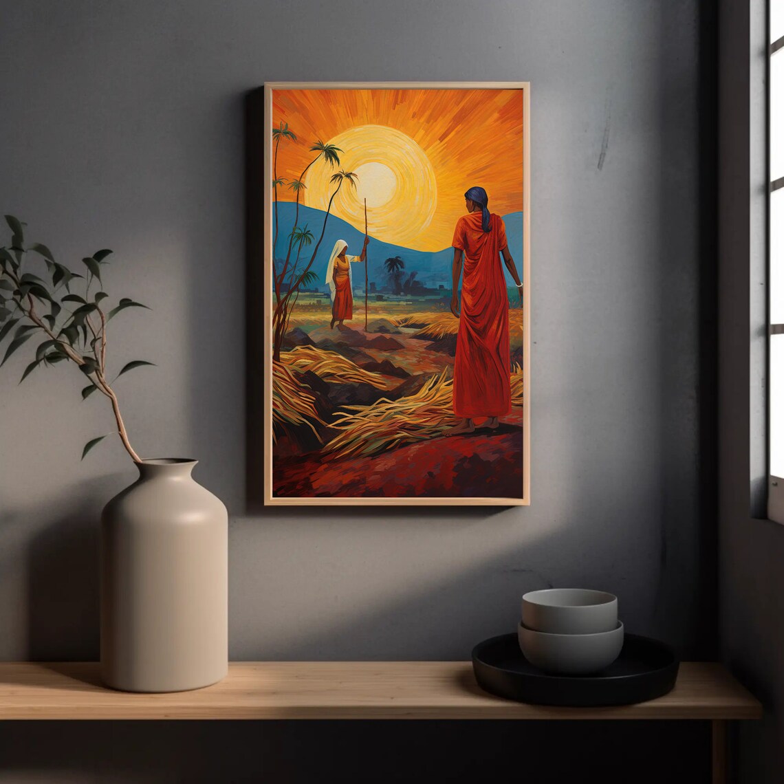 Indian Women Farmers at Sunset Harvest Field Painting Poster - Image 3