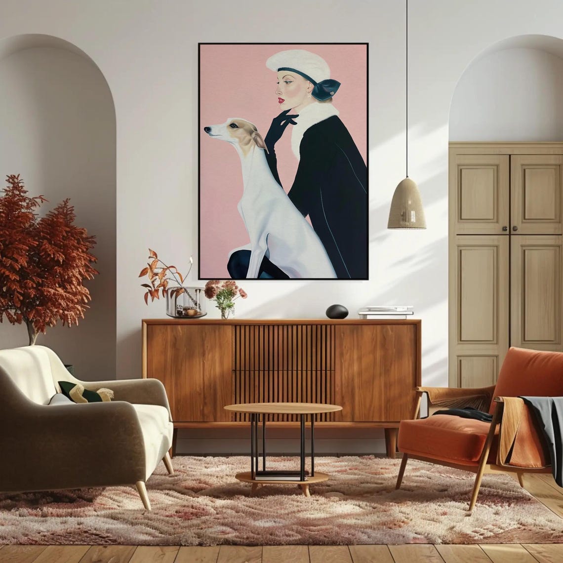 Vintage Woman and Borzoi Greyhound Poster on Soft Pink Background - Image 4