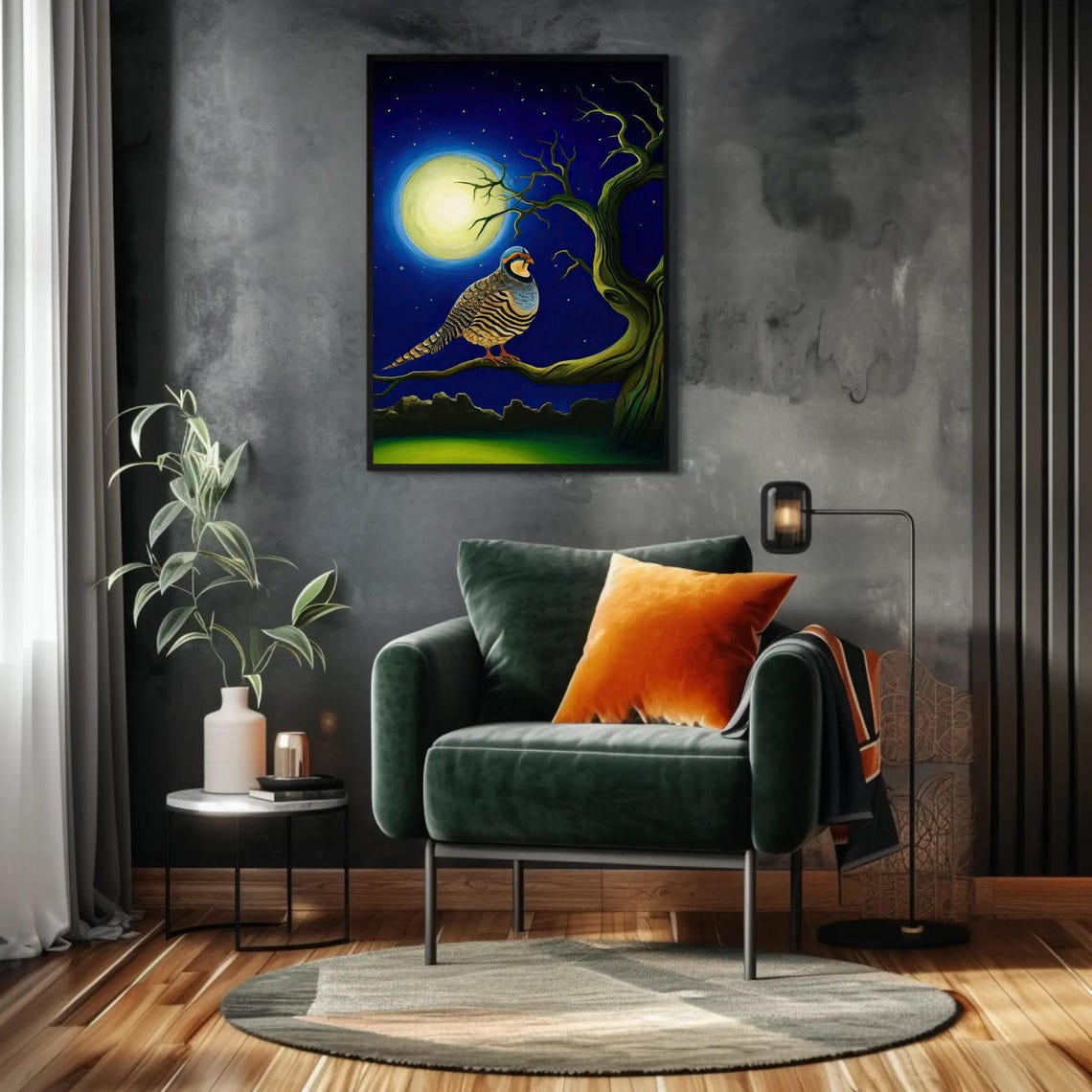 Chukar Bird Under A Full Moon Mystical Night Sky Painting Poster - Image 4