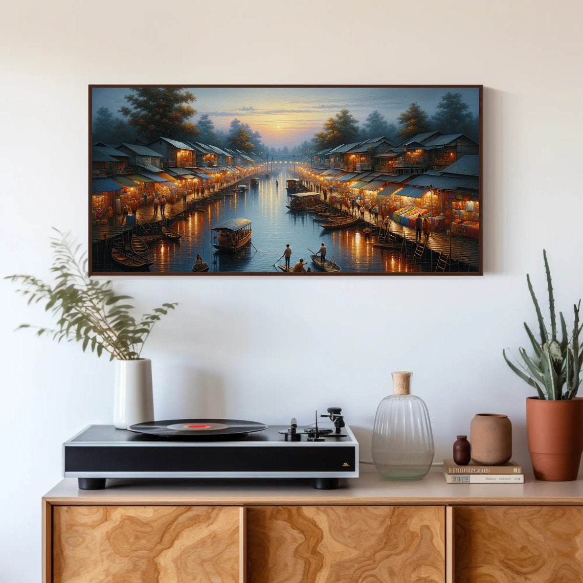 Floating Market at Dusk on River Night Lights Painting Poster - Image 4