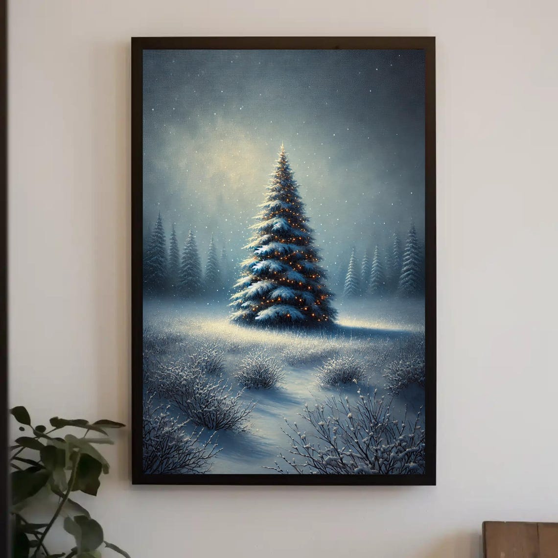 Snowy Pine Tree Glowing In A Misty Winter Night Scene Poster