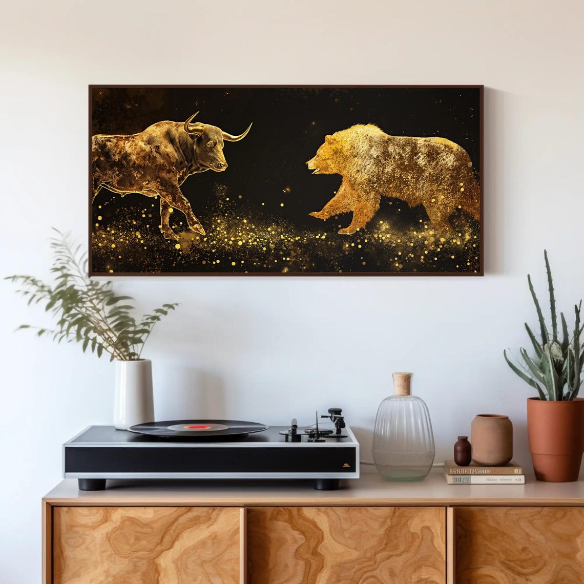 Shimmering Gold Bull Versus Bear Stock Market Art on Black Poster - Image 2