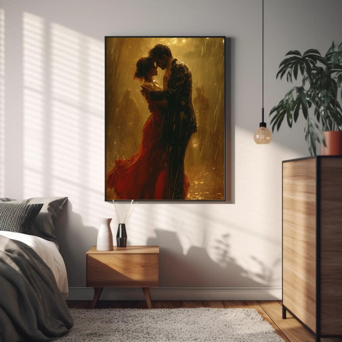 Romantic Couple Kissing In A Golden Rain Glow Painting Poster - Image 4
